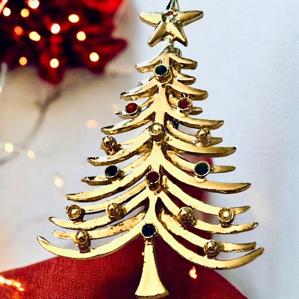 Tancer II Christmas Tree Brooch Vintage Signed Gold-tone Rhinestones